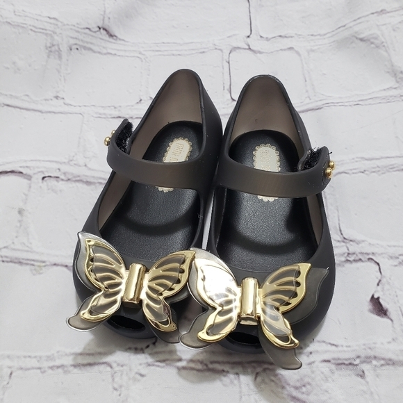 Mini Melissa Ultra Black Gold Butterfly Mary Jane Flats Baby Girl Size 5